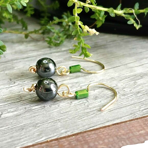 Hematite & Iridescent Glass Beaded Dangle Earrings, OOAK Gemstone Jewelry 1.25" - Picture 1 of 4